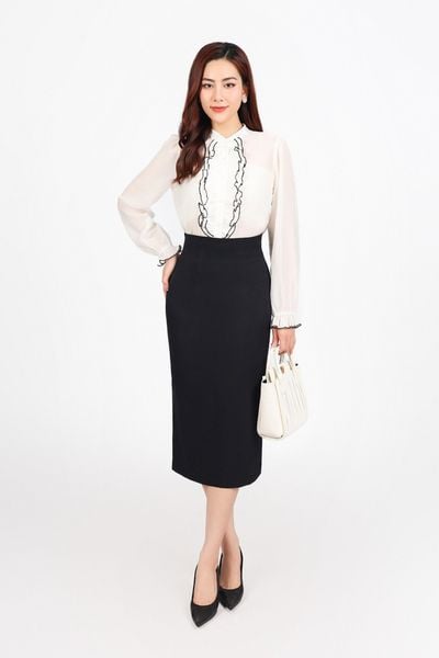 FAS33768 - Áo sơ mi công sở vải thô mỏng dáng suông cổ tròn ngực áo phối bèo tạo kiểu - PANTIO