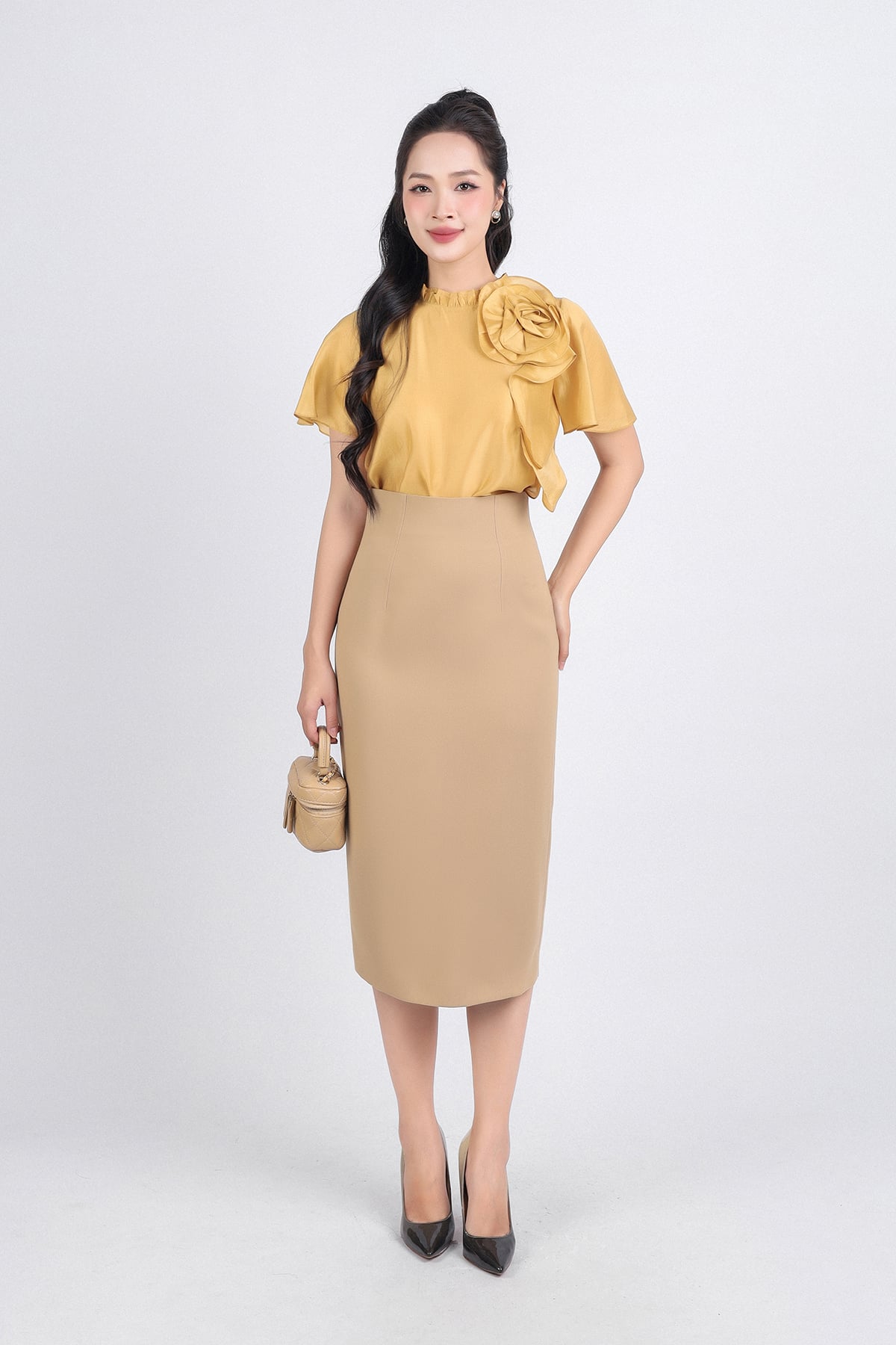 FAS33775 - Áo sơ mi công sở vải tơ dáng suông cổ ren thân áo đính hoa tạo kiểu - PANTIO