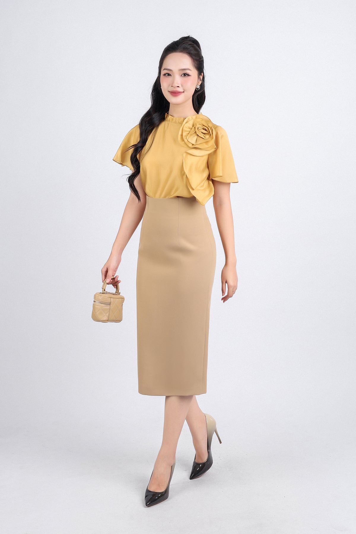 FAS33775 - Áo sơ mi công sở vải tơ dáng suông cổ ren thân áo đính hoa tạo kiểu - PANTIO