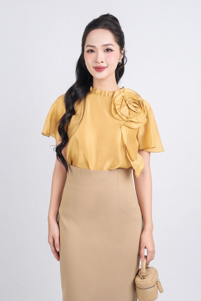 FAS33775 - Áo sơ mi công sở vải tơ dáng suông cổ ren thân áo đính hoa tạo kiểu - PANTIO