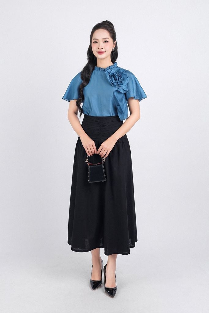 FJD51210 - Chân váy công sở vải linen hai lớp lót boi dáng chữ A dài eo đáp cạp bản to xếp nhún khoá thân sau - PANTIO