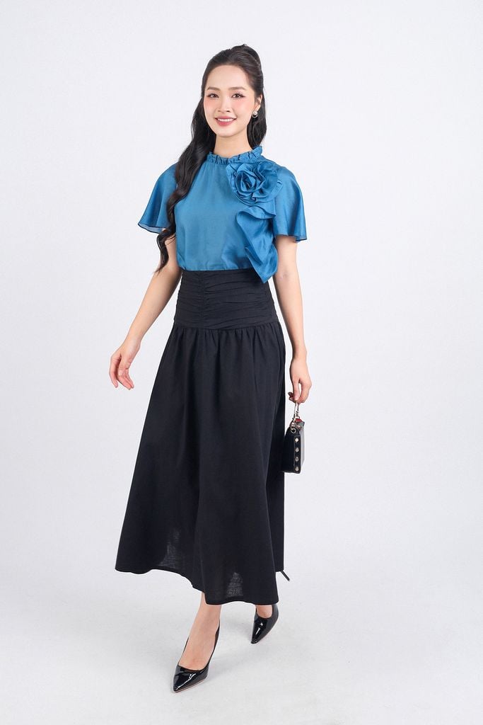 FJD51210 - Chân váy công sở vải linen hai lớp lót boi dáng chữ A dài eo đáp cạp bản to xếp nhún khoá thân sau - PANTIO