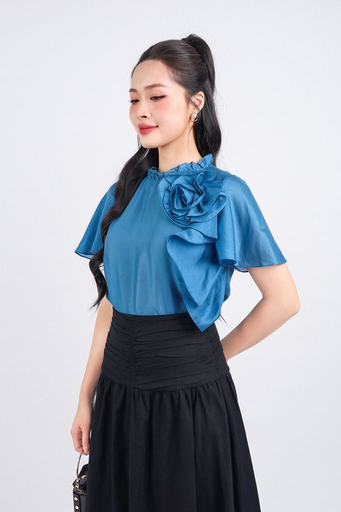 FJD51210 - Chân váy công sở vải linen hai lớp lót boi dáng chữ A dài eo đáp cạp bản to xếp nhún khoá thân sau - PANTIO