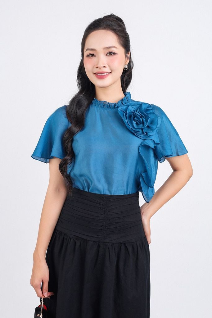FJD51210 - Chân váy công sở vải linen hai lớp lót boi dáng chữ A dài eo đáp cạp bản to xếp nhún khoá thân sau - PANTIO