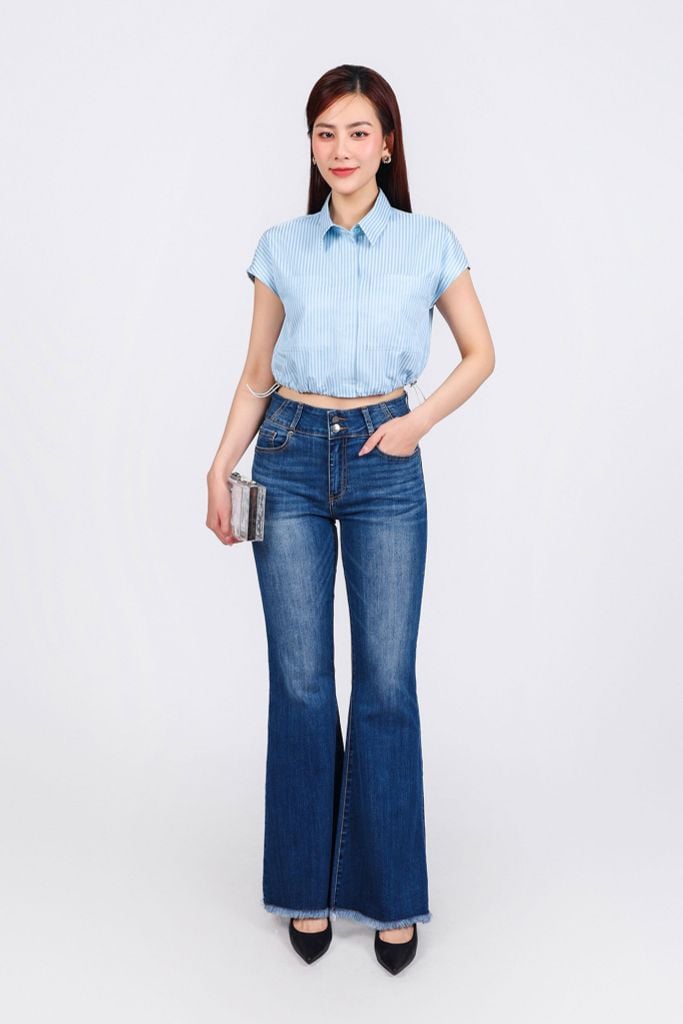 FAS33779 - Áo sơ mi công sở vải thô mỏng dáng croptop cổ đức eo rút thun tạo kiểu cài khuy trước - PANTIO