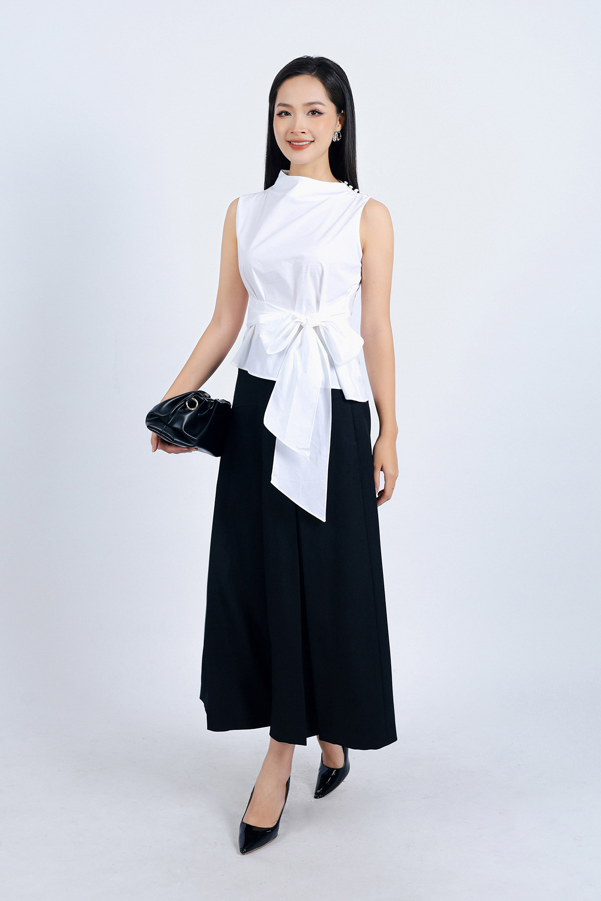 FAS33828 - Áo sơ mi công sở vải thô lụa dáng suông cổ kiểu eo phối vạt thắt nơ tạo kiểu - PANTIO