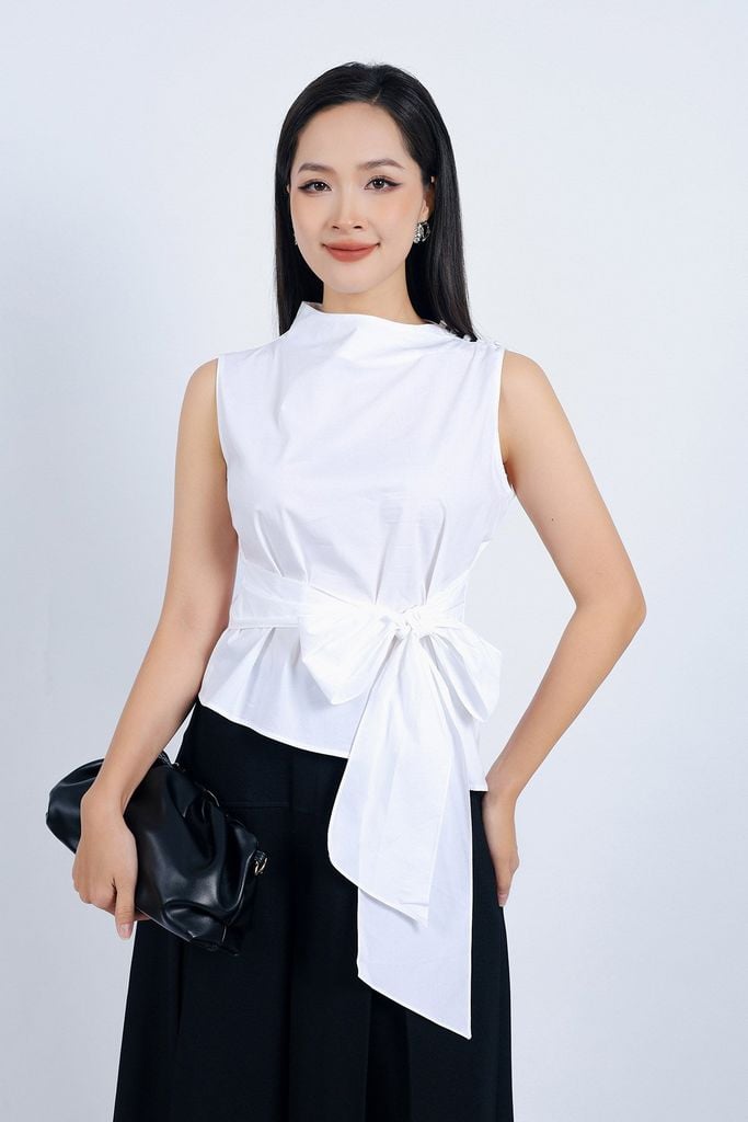 FAS33828 - Áo sơ mi công sở vải thô lụa dáng suông cổ kiểu eo phối vạt thắt nơ tạo kiểu - PANTIO
