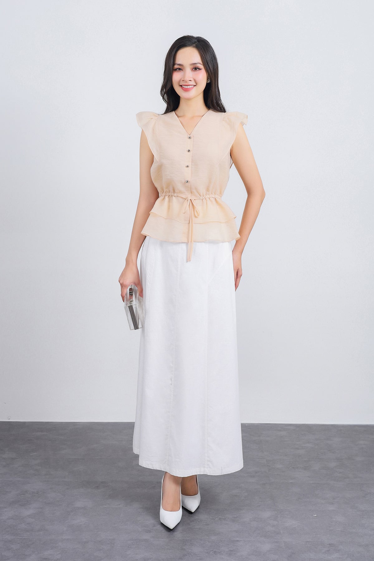 FAS33842 - Áo sơ mi công sở vải tơ dáng peplum cổ xẻ V tay cánh tiên thân áo phối chun co giãn - PANTIO