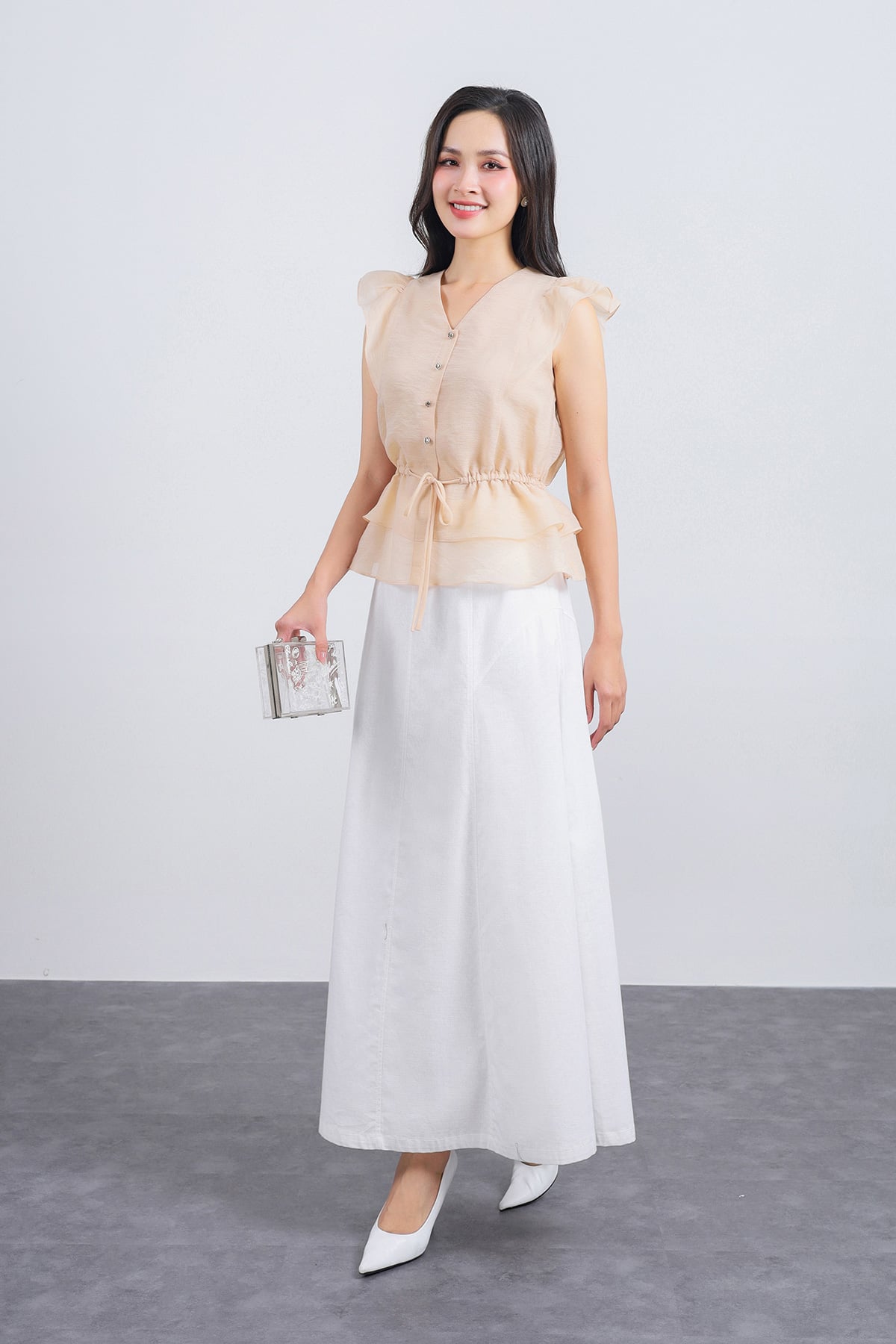 FAS33842 - Áo sơ mi công sở vải tơ dáng peplum cổ xẻ V tay cánh tiên thân áo phối chun co giãn - PANTIO