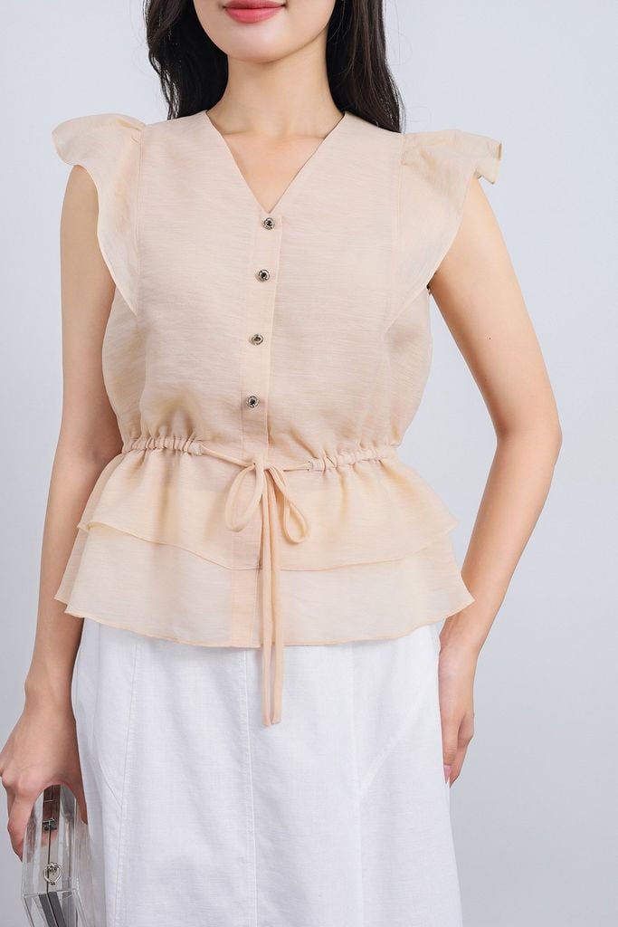 FAS33842 - Áo sơ mi công sở vải tơ dáng peplum cổ xẻ V tay cánh tiên thân áo phối chun co giãn - PANTIO