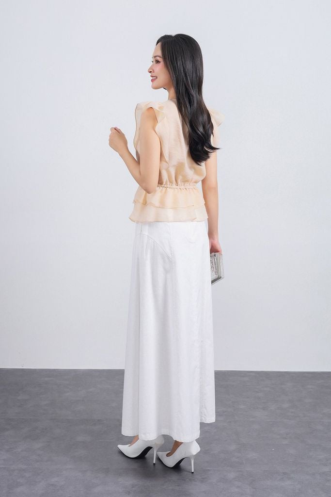FAS33842 - Áo sơ mi công sở vải tơ dáng peplum cổ xẻ V tay cánh tiên thân áo phối chun co giãn - PANTIO