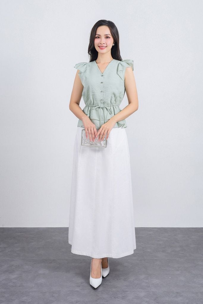 FAS33842 - Áo sơ mi công sở vải tơ dáng peplum cổ xẻ V tay cánh tiên thân áo phối chun co giãn - PANTIO