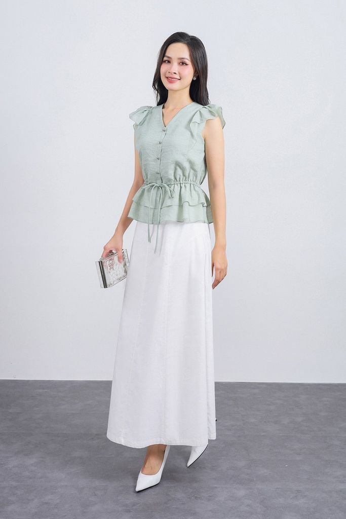 FAS33842 - Áo sơ mi công sở vải tơ dáng peplum cổ xẻ V tay cánh tiên thân áo phối chun co giãn - PANTIO