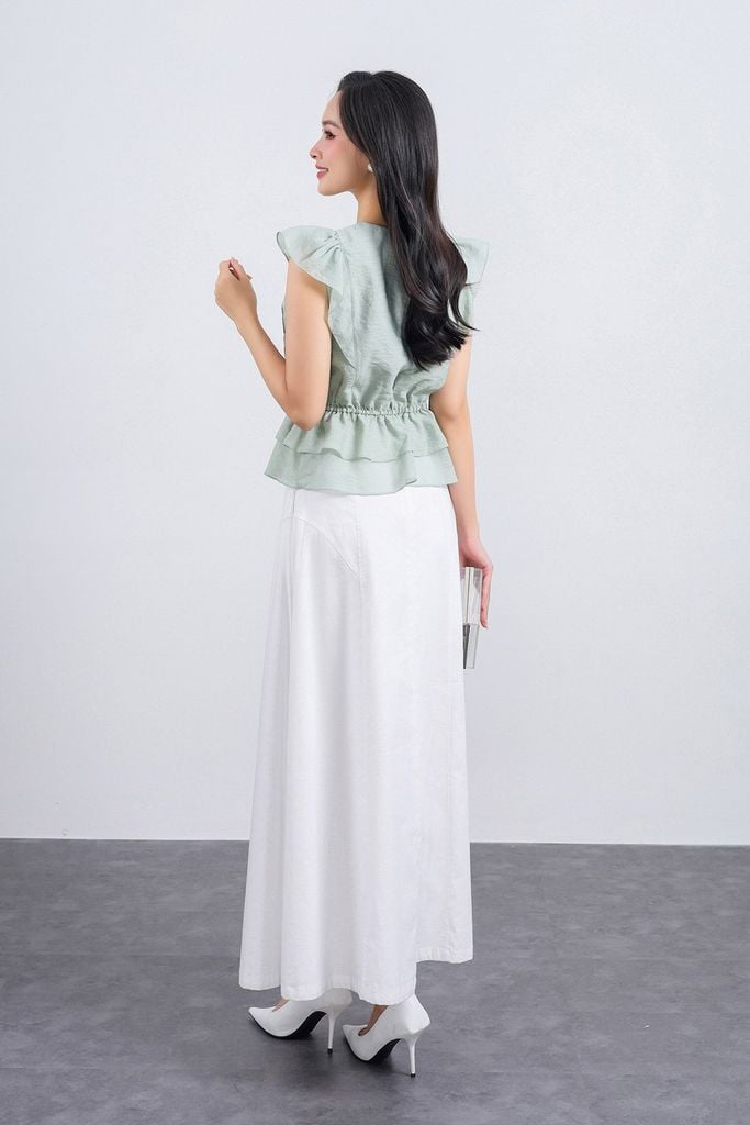 FAS33842 - Áo sơ mi công sở vải tơ dáng peplum cổ xẻ V tay cánh tiên thân áo phối chun co giãn - PANTIO