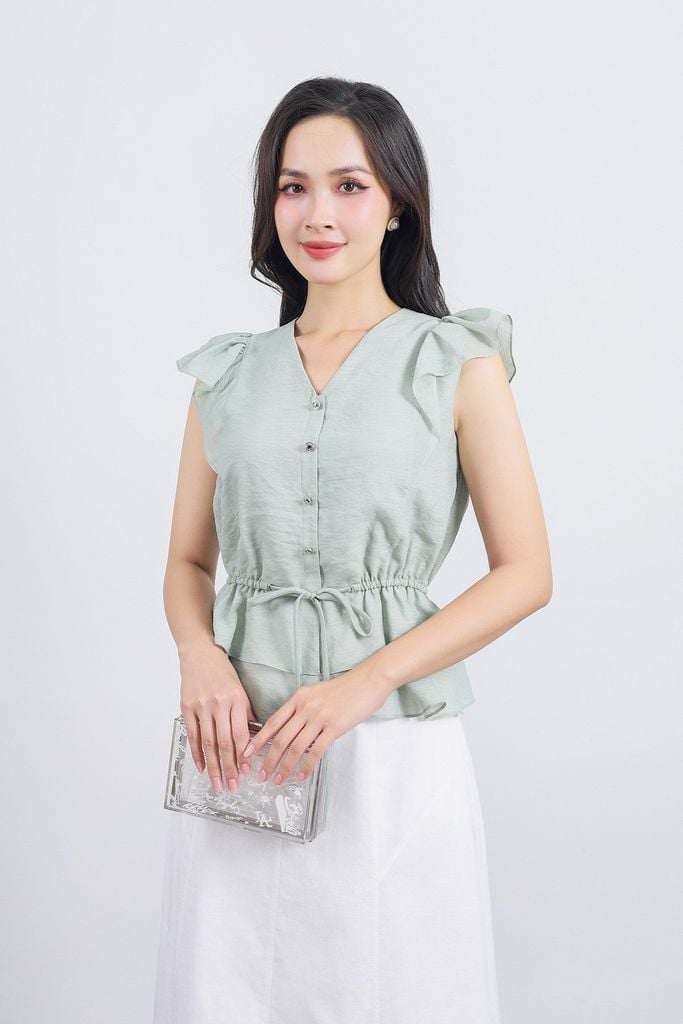FAS33842 - Áo sơ mi công sở vải tơ dáng peplum cổ xẻ V tay cánh tiên thân áo phối chun co giãn - PANTIO