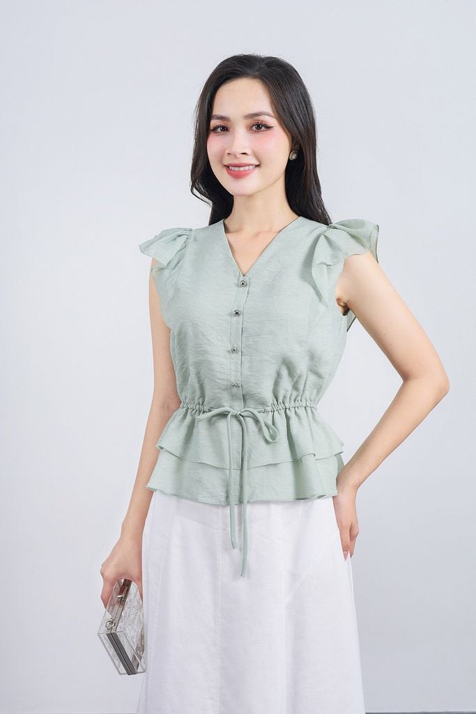 FAS33842 - Áo sơ mi công sở vải tơ dáng peplum cổ xẻ V tay cánh tiên thân áo phối chun co giãn - PANTIO