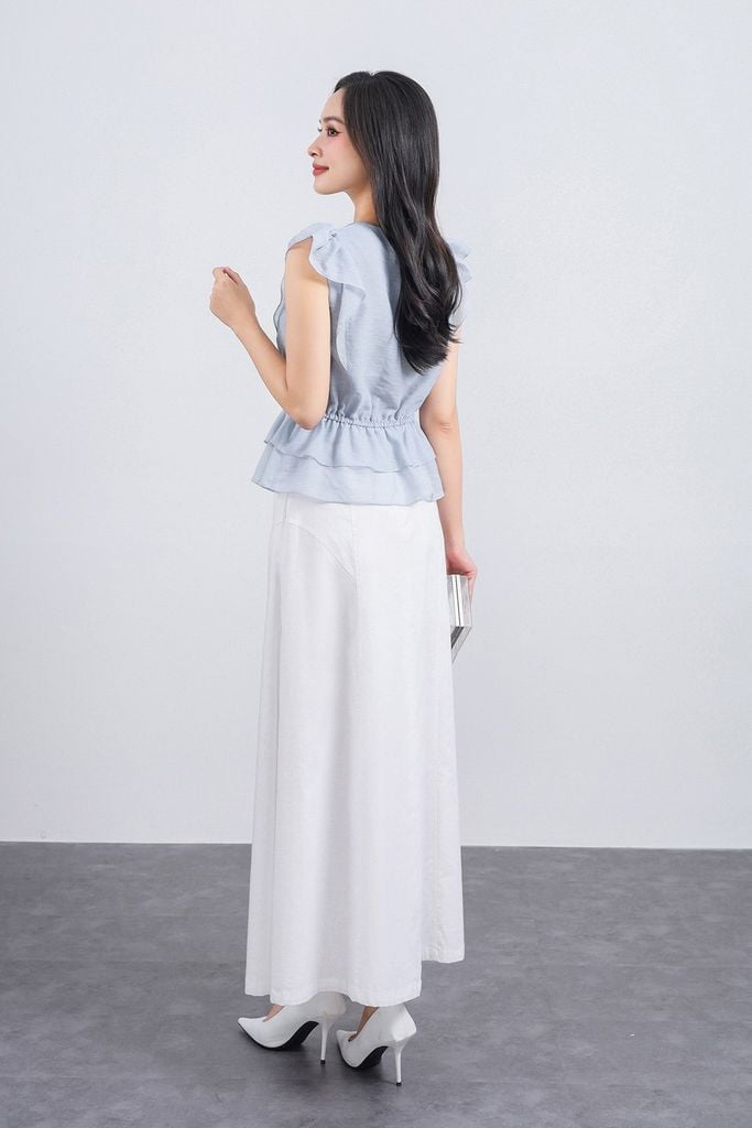 FAS33842 - Áo sơ mi công sở vải tơ dáng peplum cổ xẻ V tay cánh tiên thân áo phối chun co giãn - PANTIO