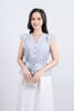 FAS33842 - Áo sơ mi công sở vải tơ dáng peplum cổ xẻ V tay cánh tiên thân áo phối chun co giãn - PANTIO
