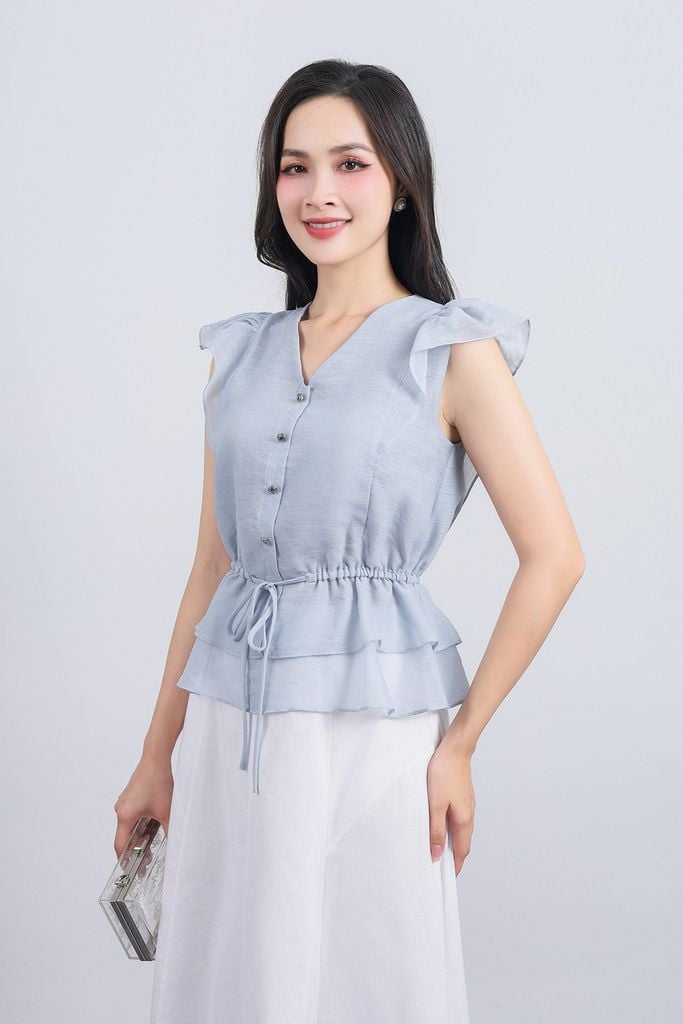 FAS33842 - Áo sơ mi công sở vải tơ dáng peplum cổ xẻ V tay cánh tiên thân áo phối chun co giãn - PANTIO