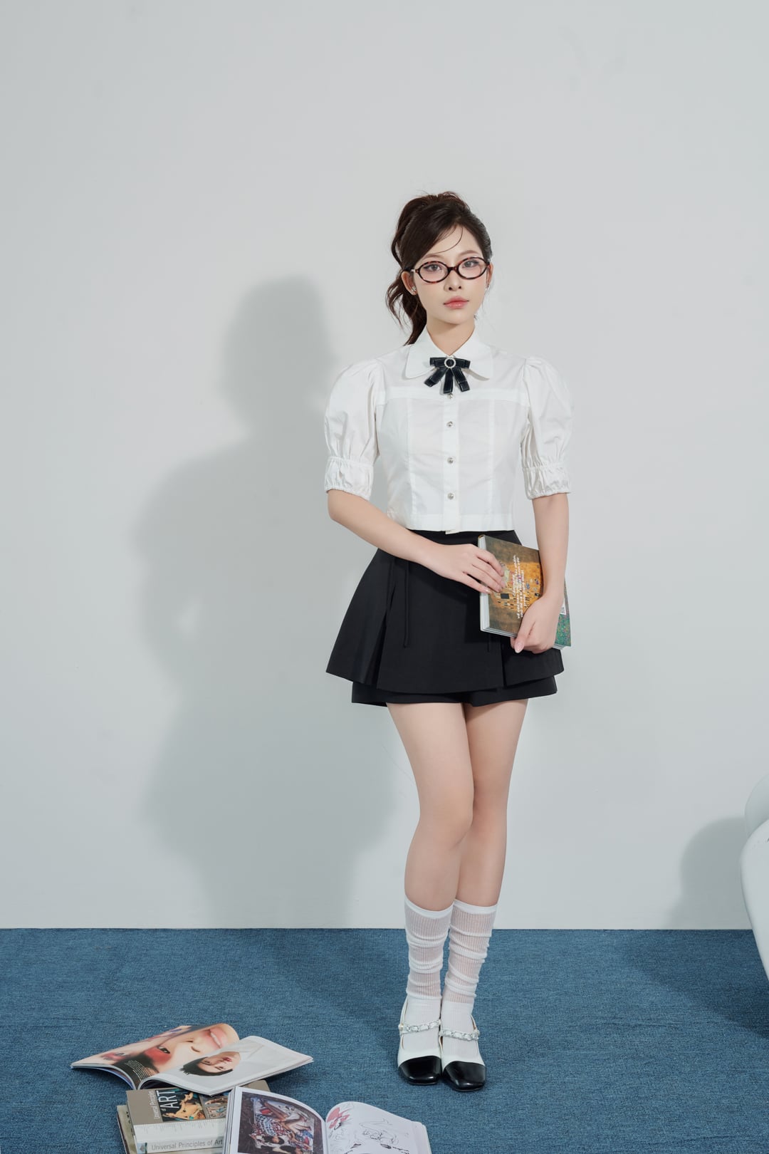 FAS33862 - Áo sơ mi vải thô mỏng dáng croptop, tay cộc bồng, nẹp cài khuy, nơ cổ cài rời, cổ sam - JAN