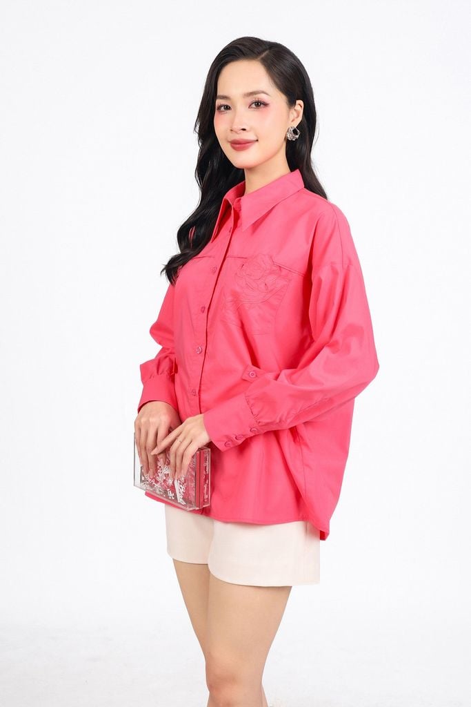 FAS33879 - Áo sơ mi công sở vải thô kate dáng suông cổ đức có túi ngực đính hoa 3D thời trang - PANTIO