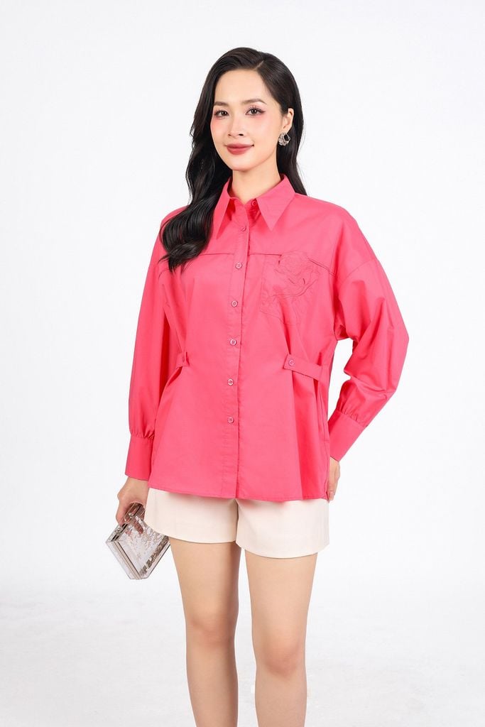 FAS33879 - Áo sơ mi công sở vải thô kate dáng suông cổ đức có túi ngực đính hoa 3D thời trang - PANTIO