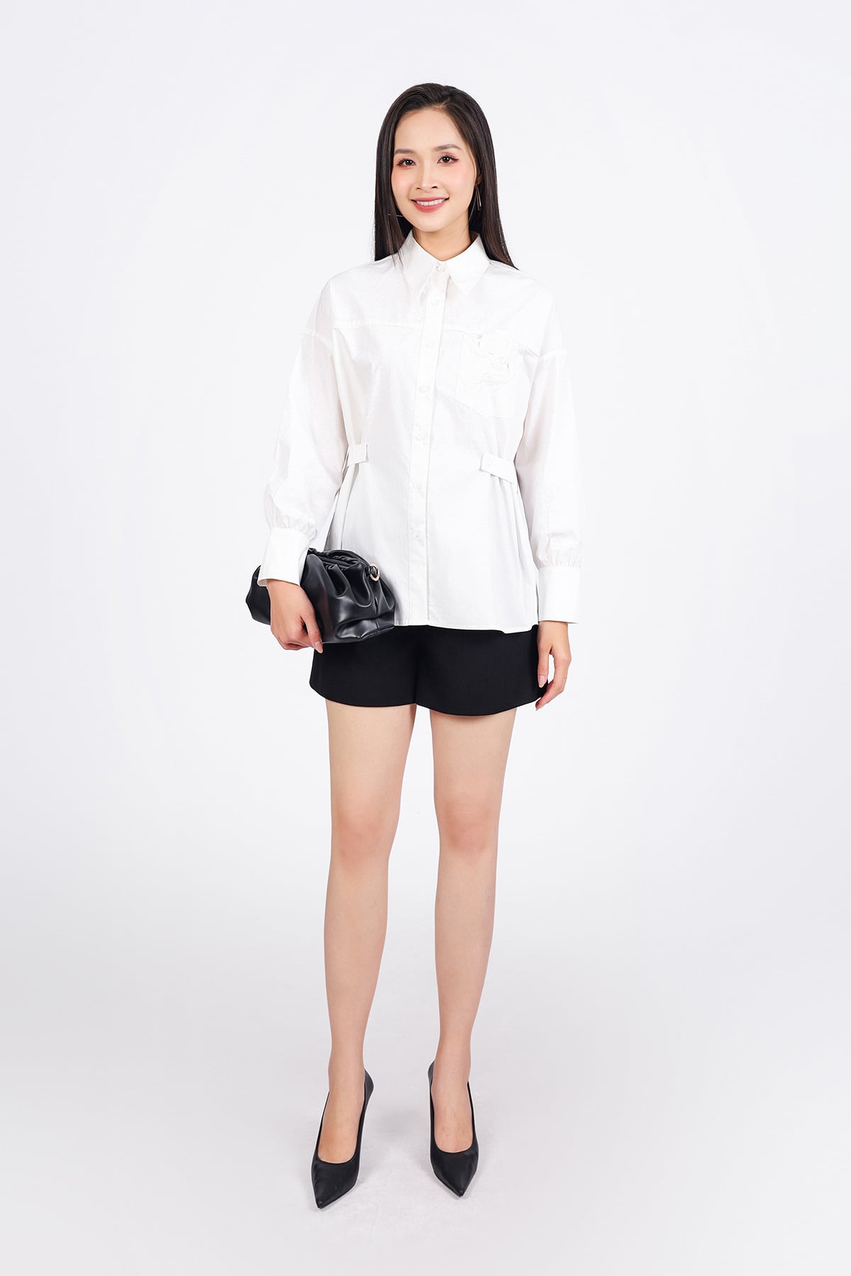 FAS33879 - Áo sơ mi công sở vải thô kate dáng suông cổ đức có túi ngực đính hoa 3D thời trang - PANTIO