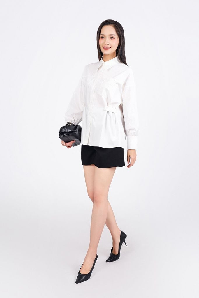 FAS33879 - Áo sơ mi công sở vải thô kate dáng suông cổ đức có túi ngực đính hoa 3D thời trang - PANTIO