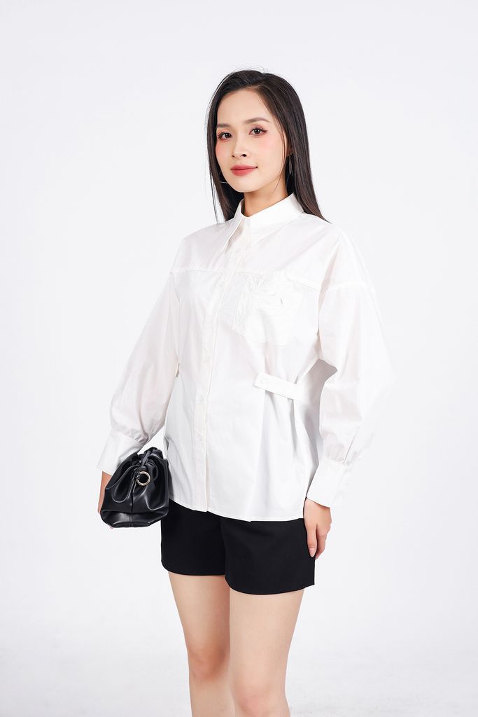FAS33879 - Áo sơ mi công sở vải thô kate dáng suông cổ đức có túi ngực đính hoa 3D thời trang - PANTIO