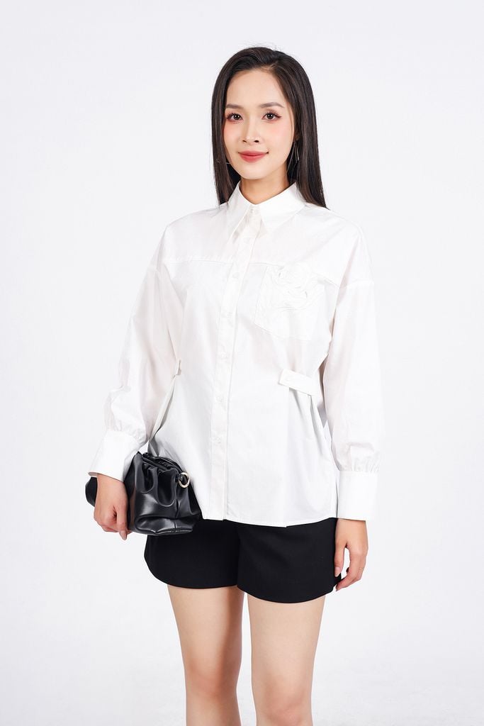 FAS33879 - Áo sơ mi công sở vải thô kate dáng suông cổ đức có túi ngực đính hoa 3D thời trang - PANTIO