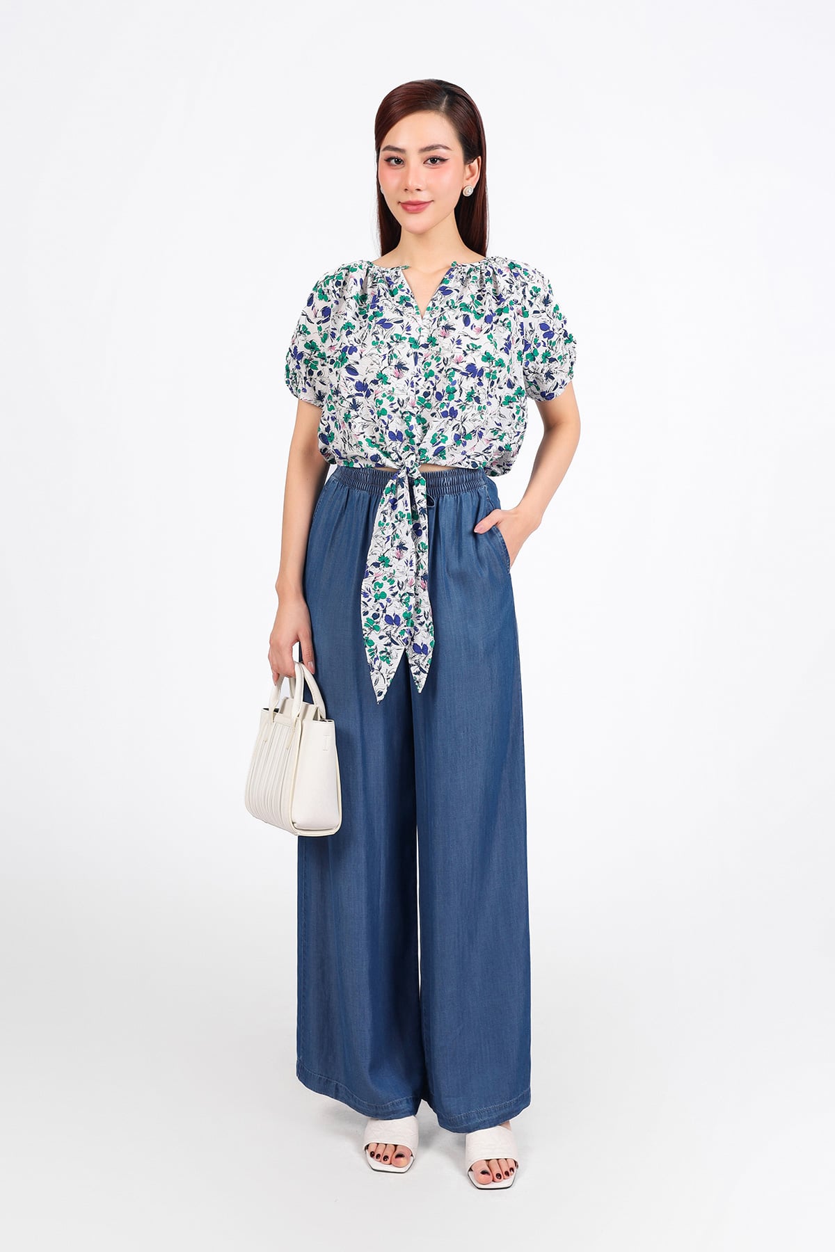 FQB210 - Quần jean cao cấp dáng suông ống đứng cạp chun phối dây nơ tạo kiểu - PANTIO