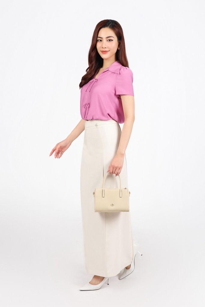 FAS33958 - Áo sơ mi công sở vải tơ dáng lửng cổ kiểu xẻ V thân áo đính nơ tạo kiểu gấu bo chun co giãn - PANTIO