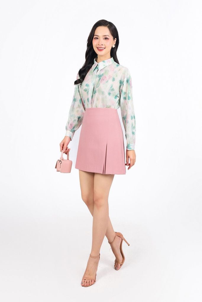 FAS33976 - Áo sơ mi công sở vải chiffon hoa dáng suông cổ đức tay dài cài khuy thân trước - PANTIO