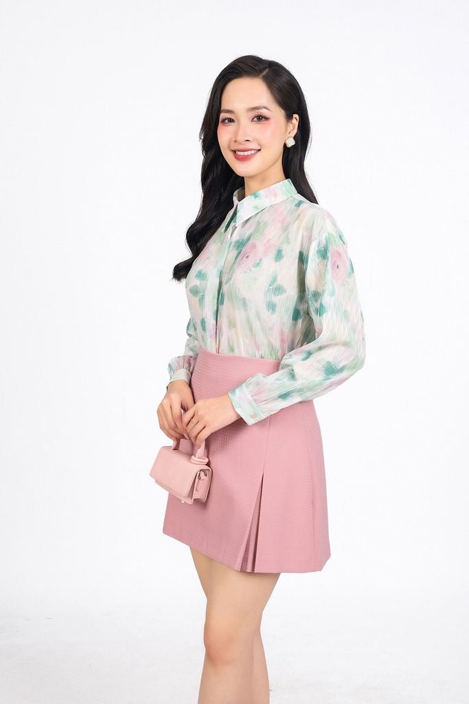 FAS33976 - Áo sơ mi công sở vải chiffon hoa dáng suông cổ đức tay dài cài khuy thân trước - PANTIO