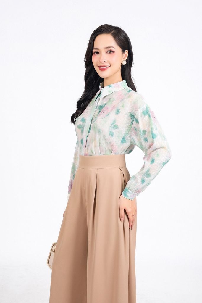 FQD51155 - Quần công sở vải tuyp xy dáng suông ống rộng cạp phối ly bong tạo xoè khóa thân sau - PANTIO