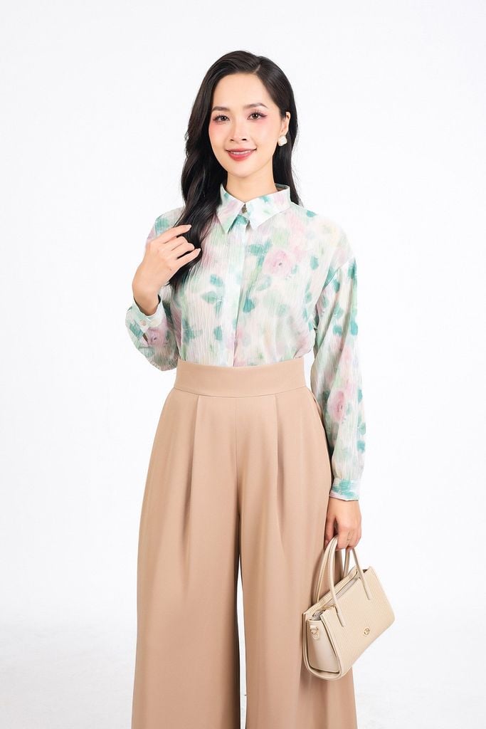 FQD51155 - Quần công sở vải tuyp xy dáng suông ống rộng cạp phối ly bong tạo xoè khóa thân sau - PANTIO