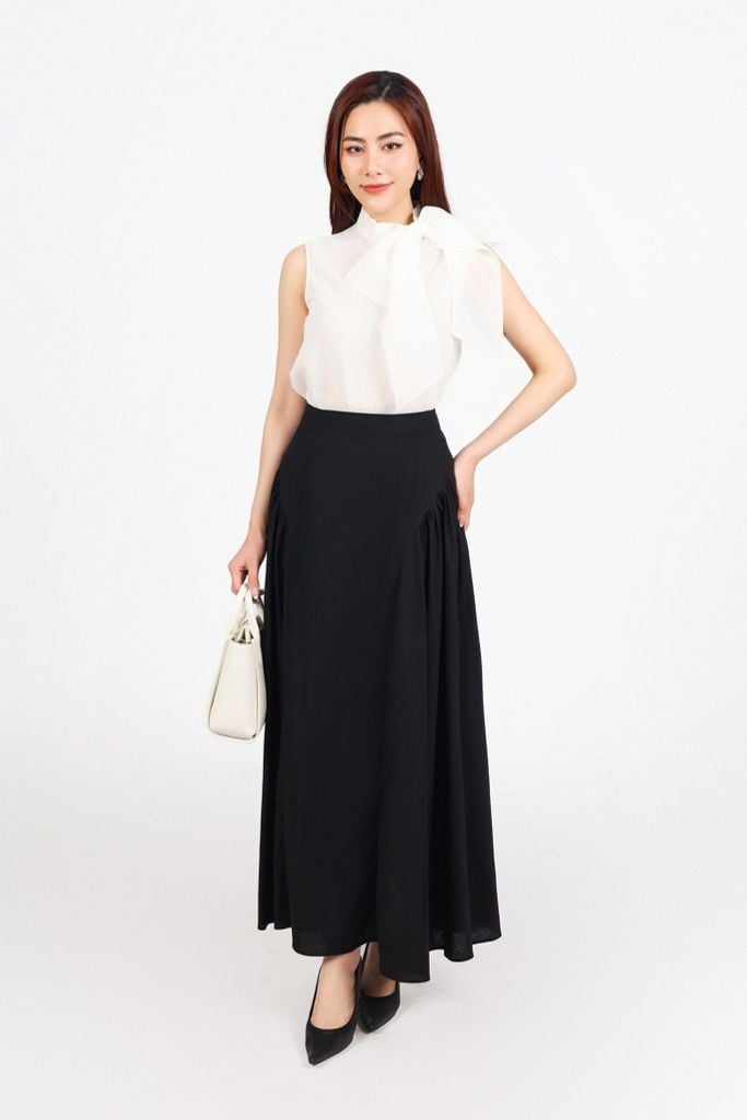 FJD51299 - Chân váy công sở vải linen dáng suông thân váy xếp nhún tạo xoè khóa thân sau - PANTIO