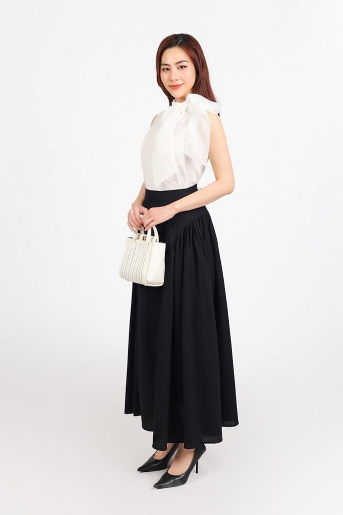 FJD51299 - Chân váy công sở vải linen dáng suông thân váy xếp nhún tạo xoè khóa thân sau - PANTIO