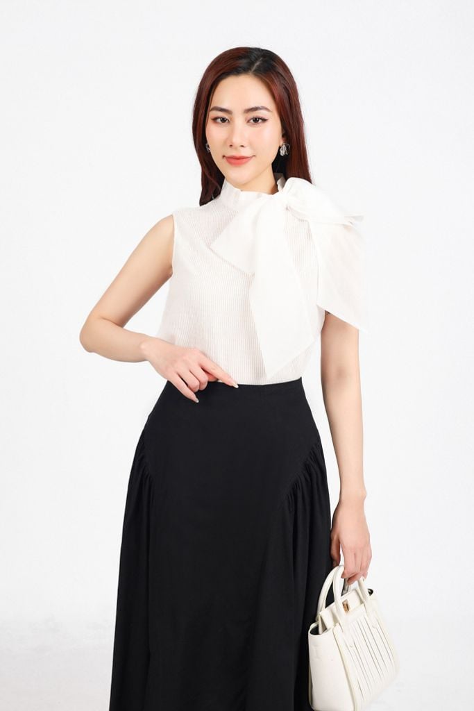 FJD51299 - Chân váy công sở vải linen dáng suông thân váy xếp nhún tạo xoè khóa thân sau - PANTIO