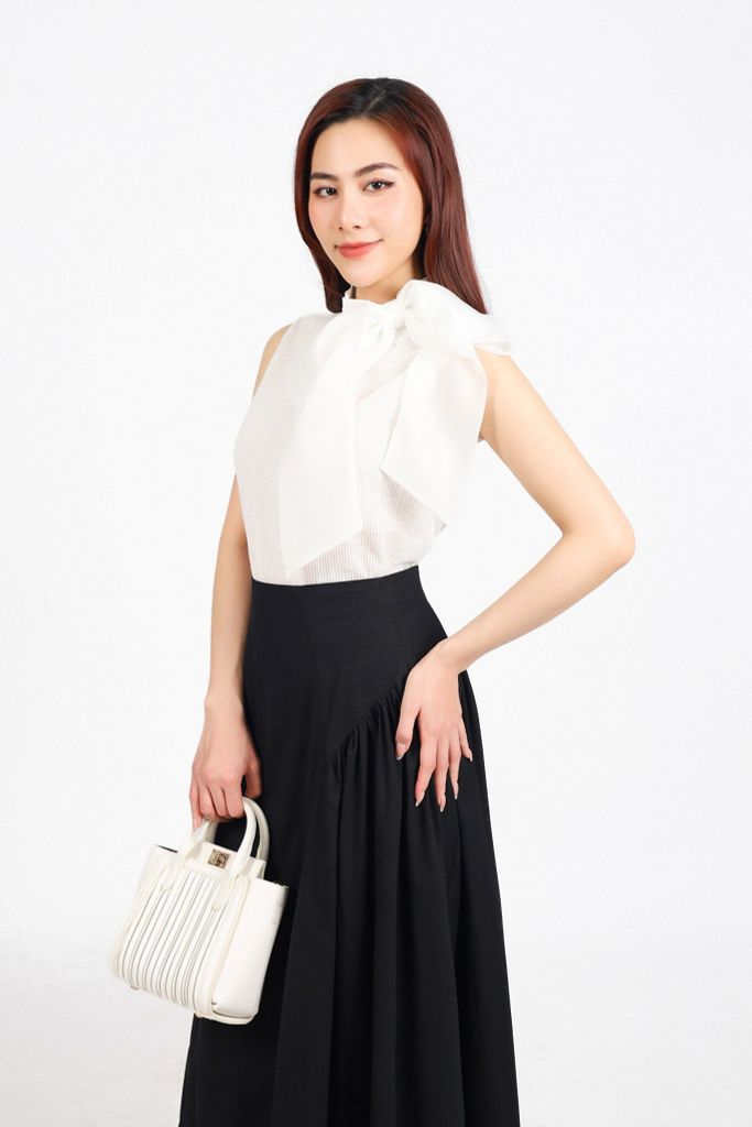 FJD51299 - Chân váy công sở vải linen dáng suông thân váy xếp nhún tạo xoè khóa thân sau - PANTIO