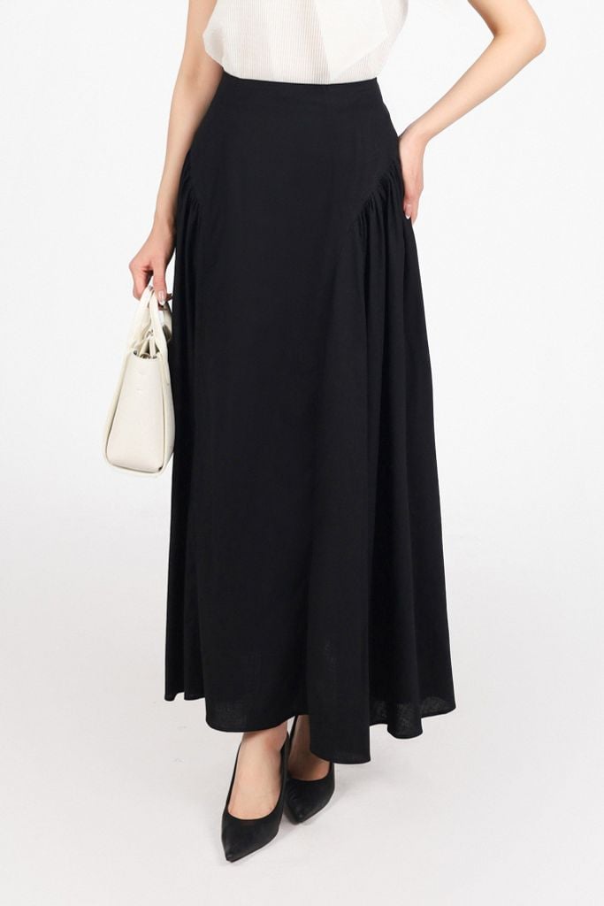 FJD51299 - Chân váy công sở vải linen dáng suông thân váy xếp nhún tạo xoè khóa thân sau - PANTIO