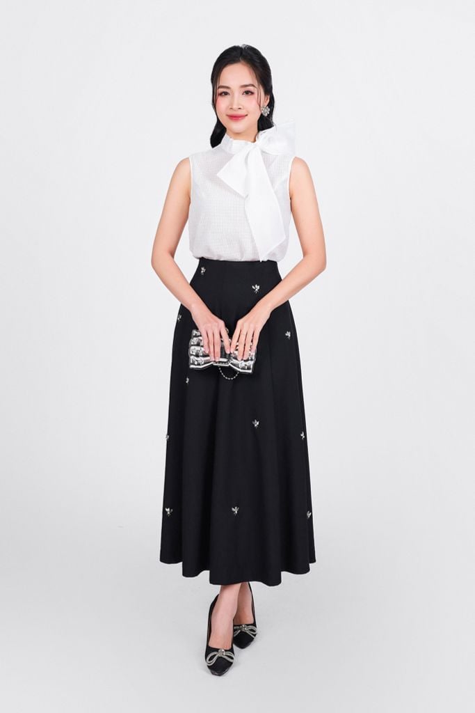 FAS33987 - Áo sơ mi công sở vải tơ dáng suông cổ tròn đính nơ tạo kiểu - PANTIO