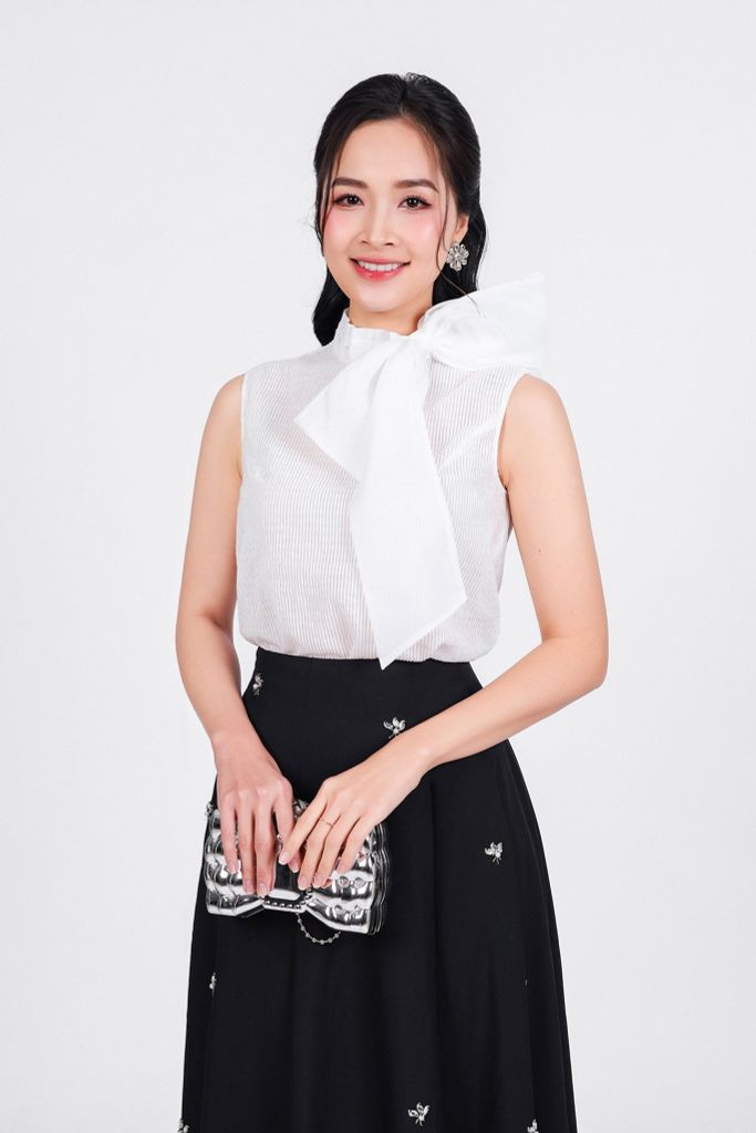 FAS33987 - Áo sơ mi công sở vải tơ dáng suông cổ tròn đính nơ tạo kiểu - PANTIO