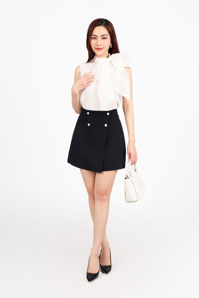 FJN1703 - Chân váy ngắn vải thô dày dáng A có lót thân váy đính khuy phối vạt lệch tạo kiểu - PANTIO