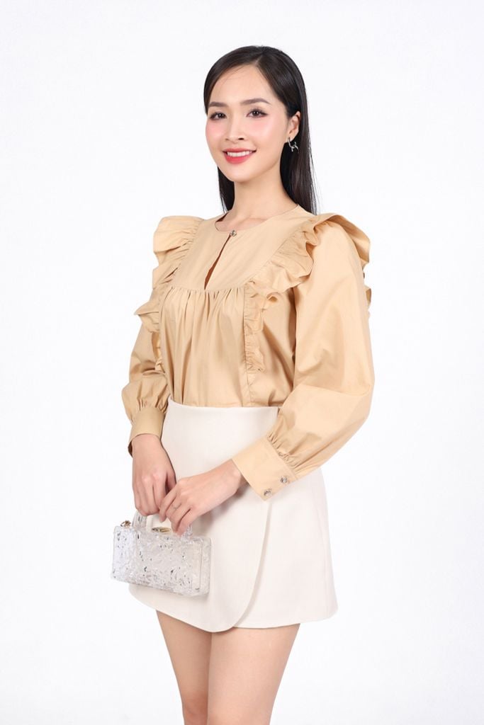 FAS33994 - Áo sơ mi công sở vải thô kate dáng suông cổ tròn tay măng sec thân áo đính viền bèo tạo kiểu - PANTIO