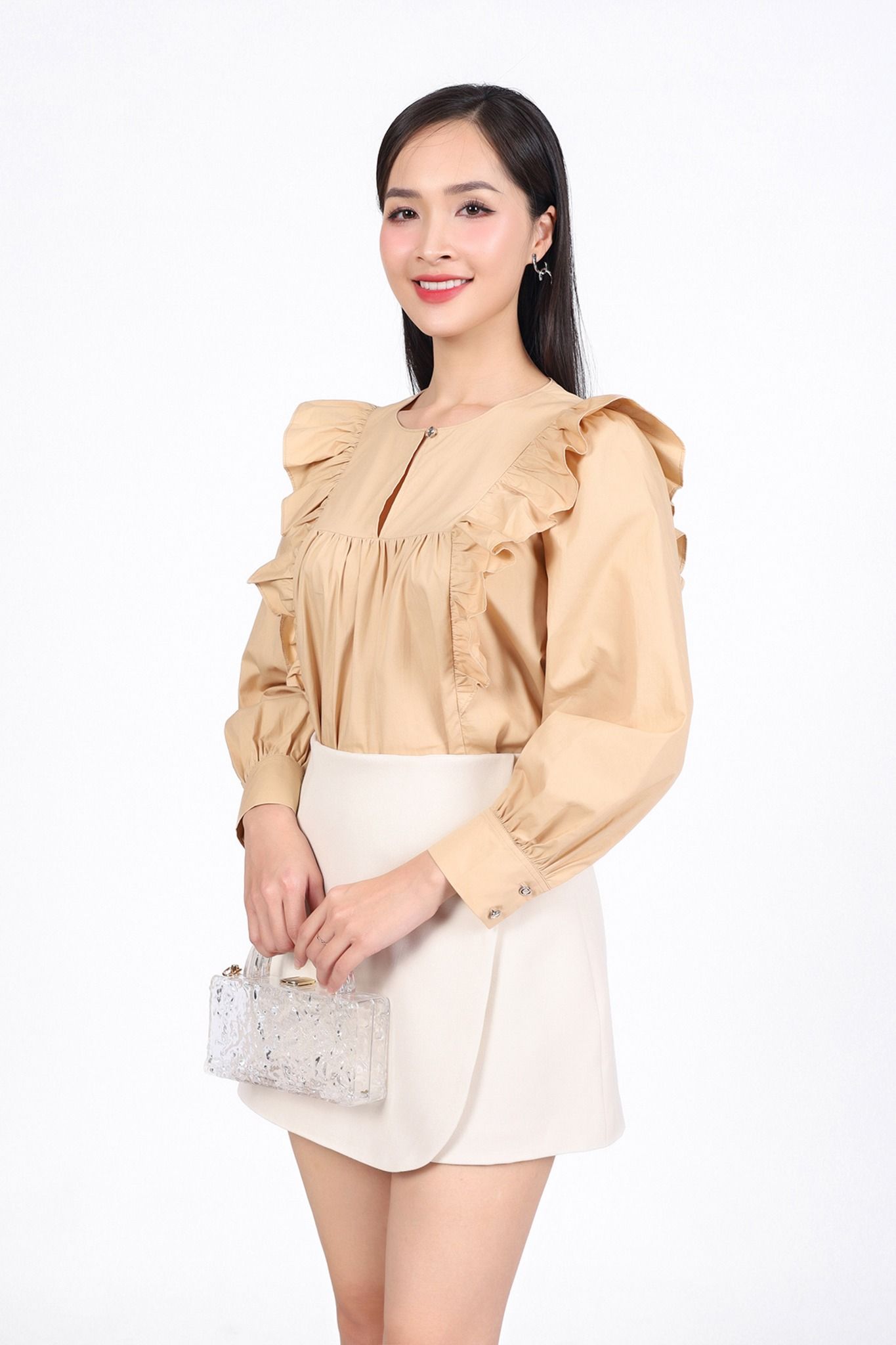 FAS33994 - Áo sơ mi công sở vải thô kate dáng suông cổ tròn tay măng sec thân áo đính viền bèo tạo kiểu - PANTIO