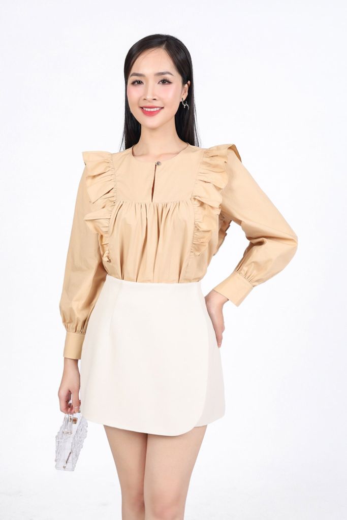 BQN73169 - Quần short vải thô dày dáng A thân phối vạt giả váy thời trang khoá thân sau - PANTIO