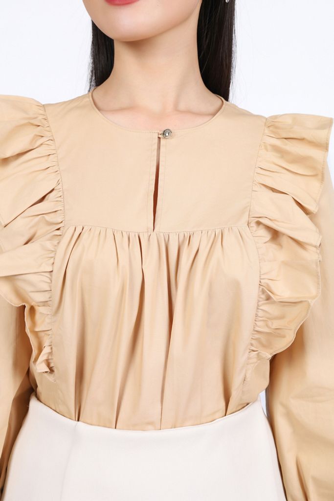 FAS33994 - Áo sơ mi công sở vải thô kate dáng suông cổ tròn tay măng sec thân áo đính viền bèo tạo kiểu - PANTIO