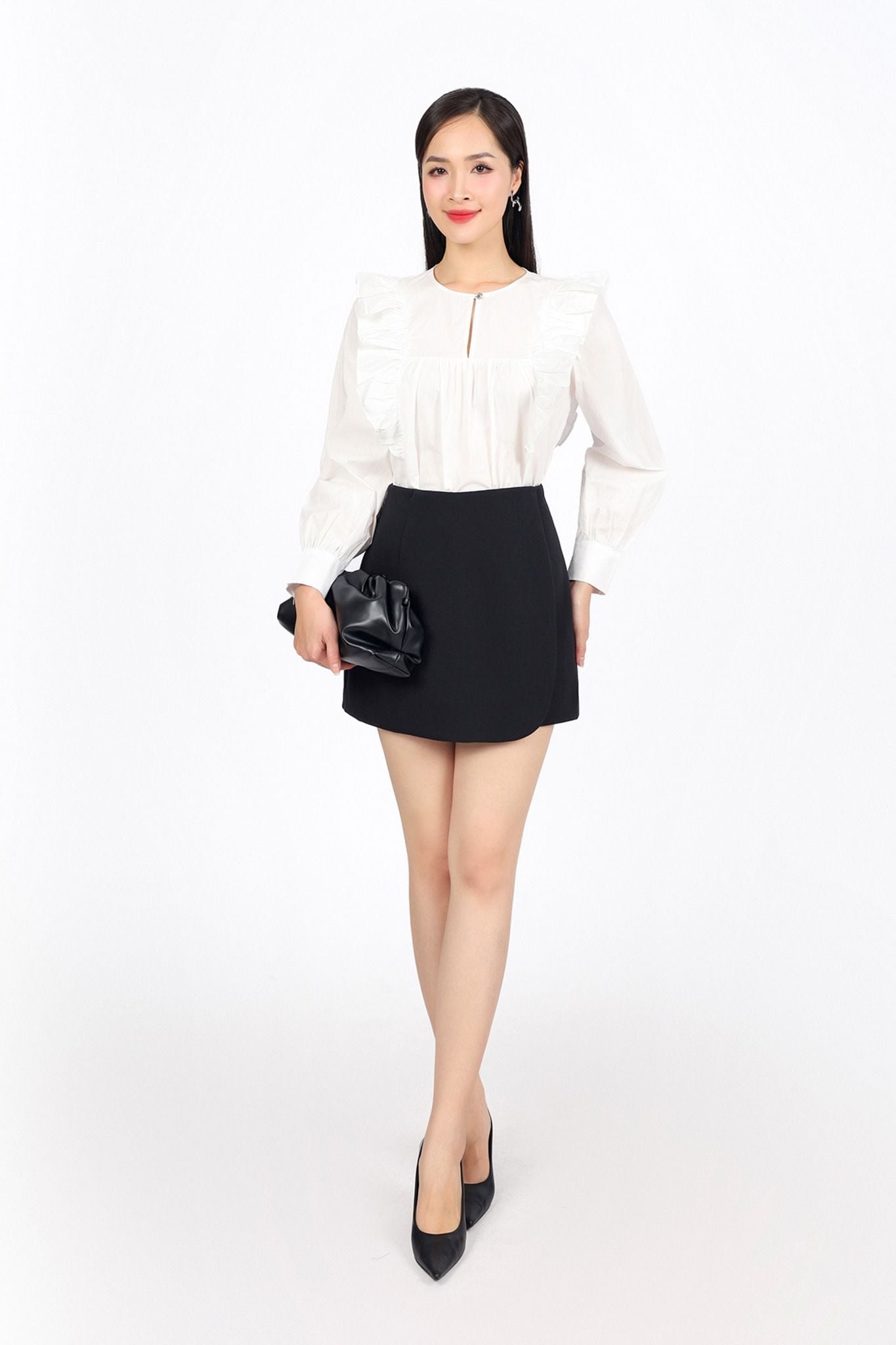 FAS33994 - Áo sơ mi công sở vải thô kate dáng suông cổ tròn tay măng sec thân áo đính viền bèo tạo kiểu - PANTIO