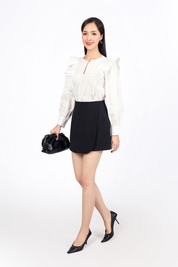 BQN73169 - Quần short vải thô dày dáng A thân phối vạt giả váy thời trang khoá thân sau - PANTIO